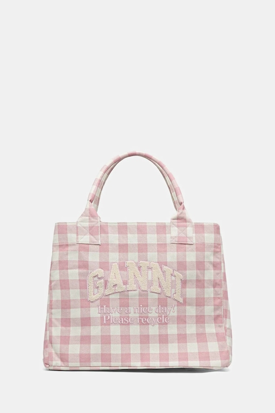 GANNI borsa a mano in cotone Shopper XXL Pocket Vichy stampa all-over rosa A6894