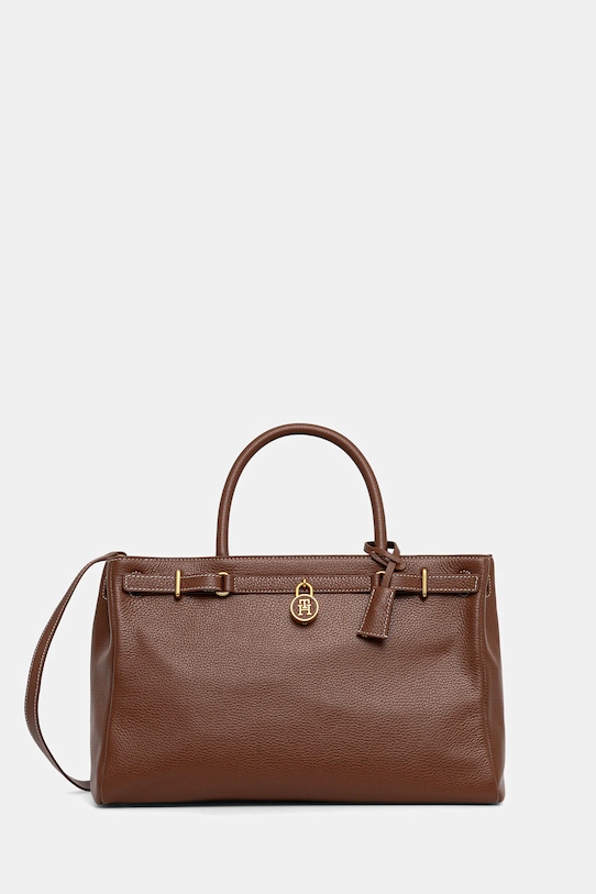 Δερμάτινη τσάντα Tommy Hilfiger απλικέ καφέ AW0AW17925