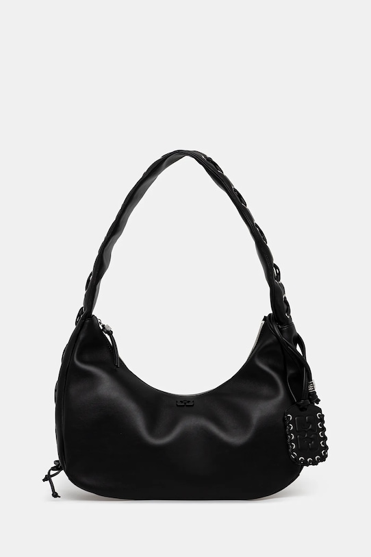 Torba GANNI Hobo Medium Laces imitacija zrnate kože crna A7295