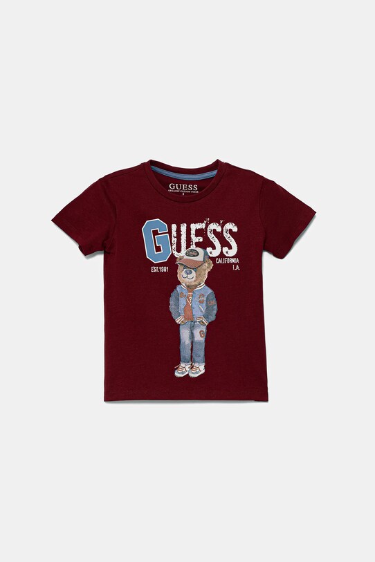Παιδικό βαμβακερό μπλουζάκι Guess βαμβάκι μπορντό N5YI22.K8HM4.9BYA
