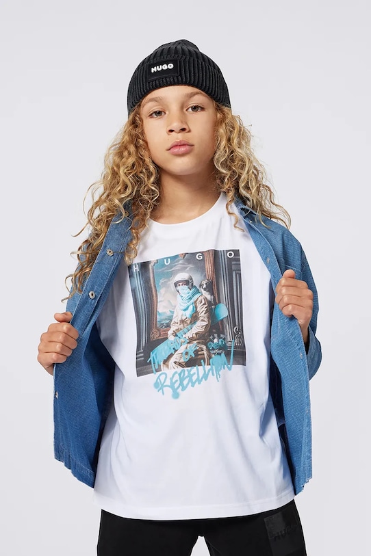 HUGO t-shirt bawełniany dziecięcy okrągły biały G00442.162.174