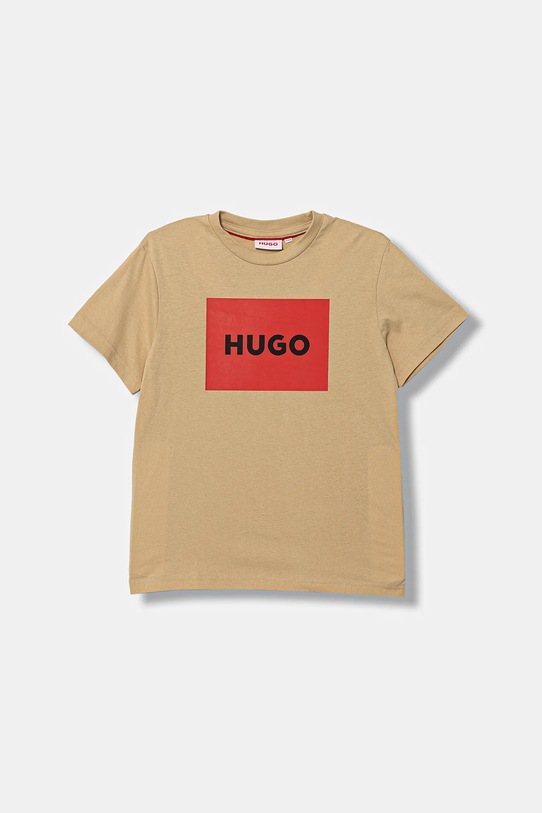 Παιδικό βαμβακερό μπλουζάκι HUGO στάμπα μπεζ G00572.114.150