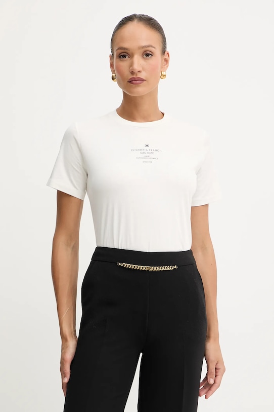 Elisabetta Franchi t-shirt bawełniany nadruk beżowy MA63D56E2