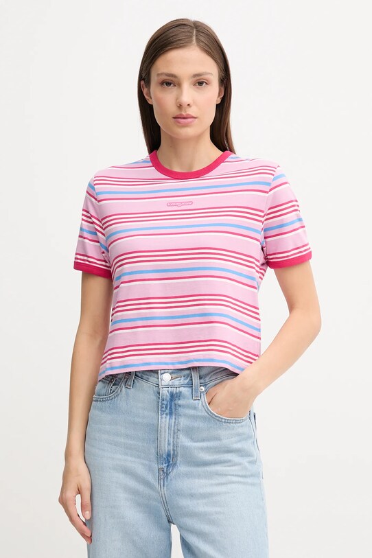 Bavlnené tričko Tommy Jeans pásiky ružová DW0DW21391