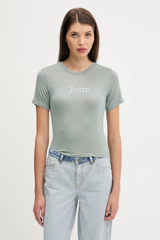 Kratka majica Juicy Couture SHEER FITTED TEE Z elastanom zelena JCWCT225301