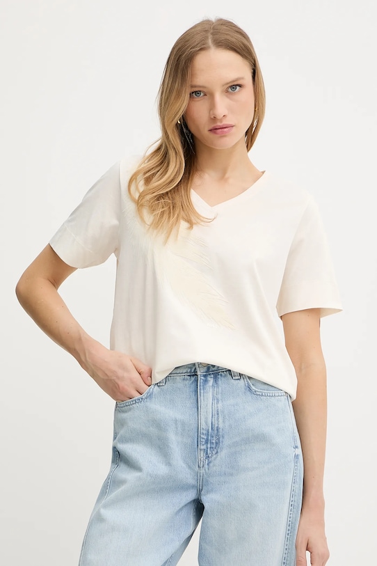 Bavlněné tričko BOSS potisk béžová 50545673