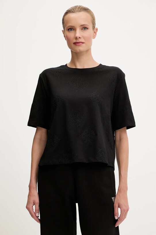 Βαμβακερό μπλουζάκι Guess PEONY βαμβάκι μαύρο V5YI10.I3Z14