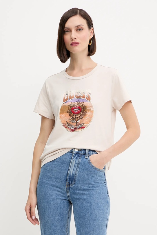Guess t-shirt bawełniany nadruk beżowy W5YI32.K9RM1