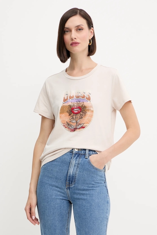Βαμβακερό μπλουζάκι Guess βαμβάκι μπεζ W5YI32.K9RM1
