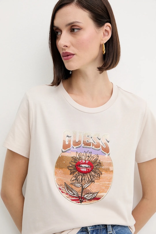 Βαμβακερό μπλουζάκι Guess μπεζ W5YI32.K9RM1