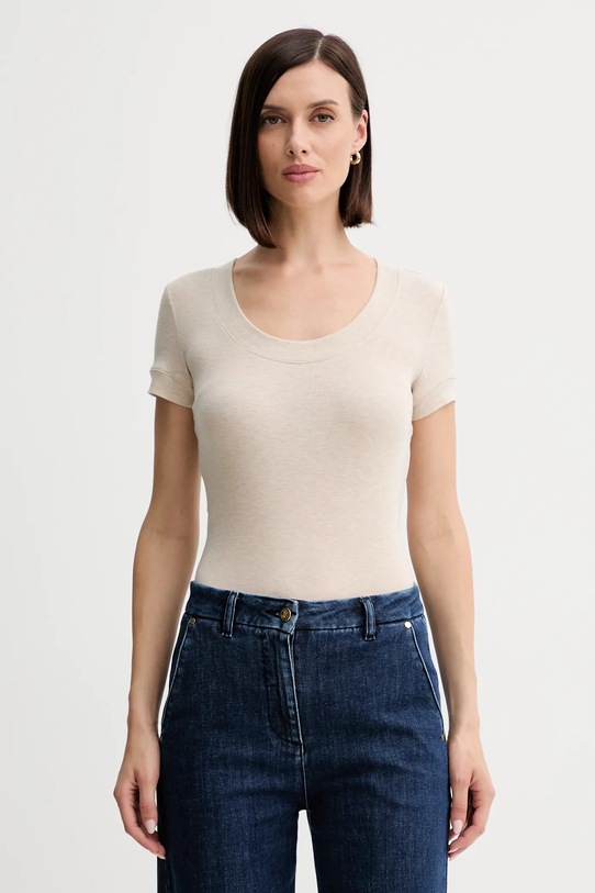 Guess t-shirt z domieszką jedwabiu TINA z elastanem beżowy W5YP11.KCNH2