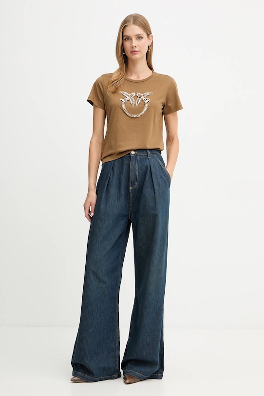 Pinko t-shirt bawełniany 100535.A2RN brązowy AW25
