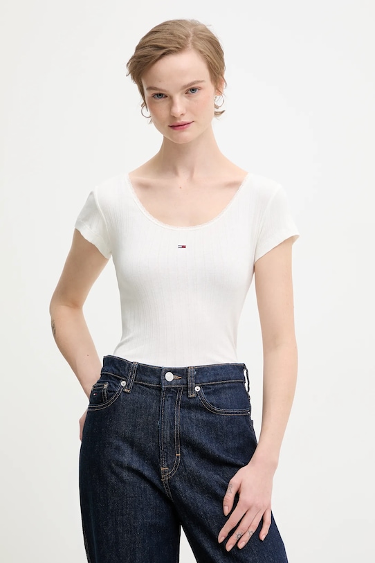 Tommy Jeans t-shirt z elastanem beżowy DW0DW21570