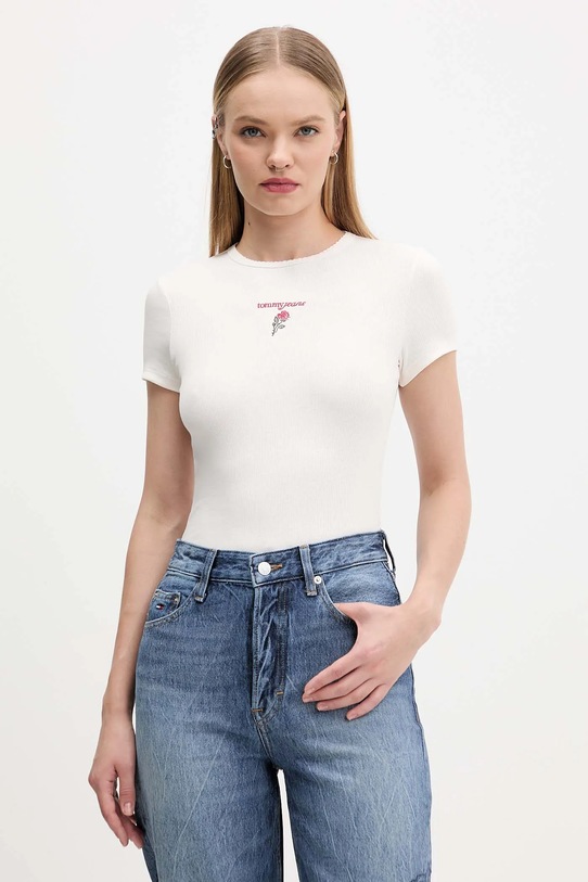 Μπλουζάκι Tommy Jeans με ελαστάν μπεζ DW0DW21787