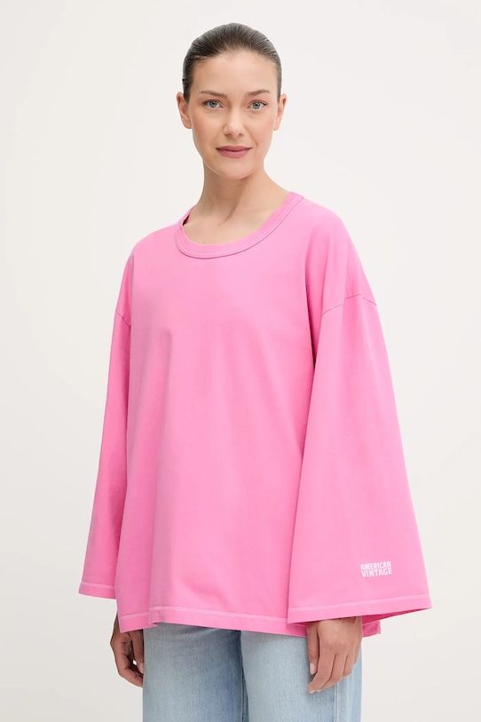 American Vintage longsleeve din bumbac uni roz FIZ02J