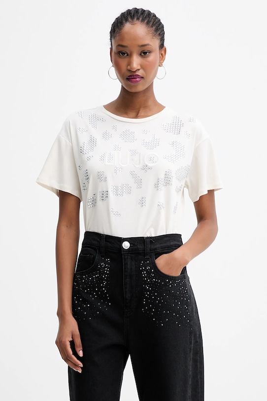 Liu Jo t-shirt bawełniany aplikacja beżowy TF5184.JS923