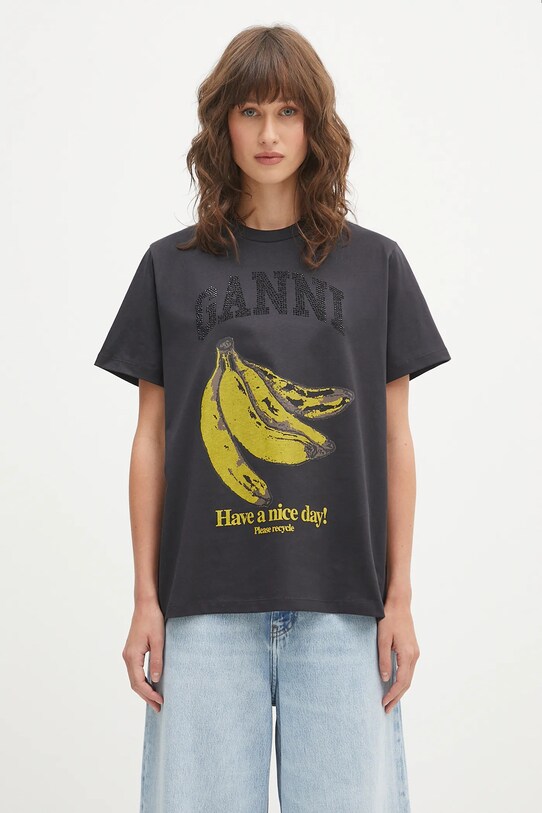 GANNI t-shirt bawełniany Basic Cotton Jersey Banana Relaxed nadruk szary T4238