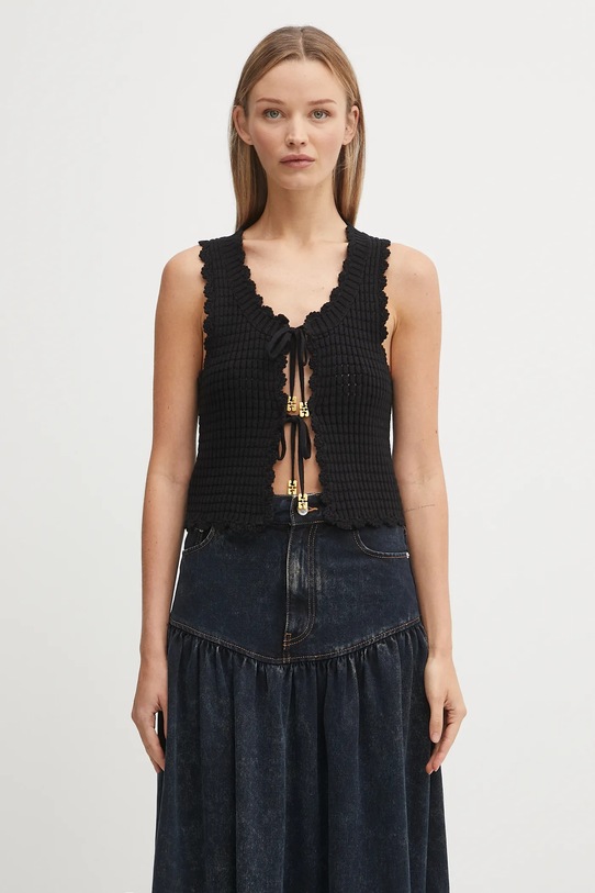 GANNI wool blend gilet Cotton Textured Lace jersey black K2541