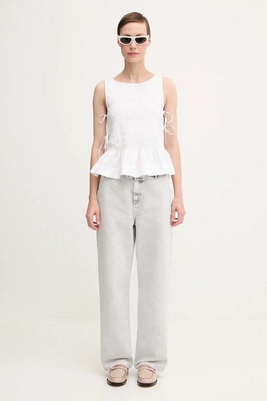 Βαμβακερό τοπ GANNI Cotton Poplin Smock Tie String W0886 λευκό