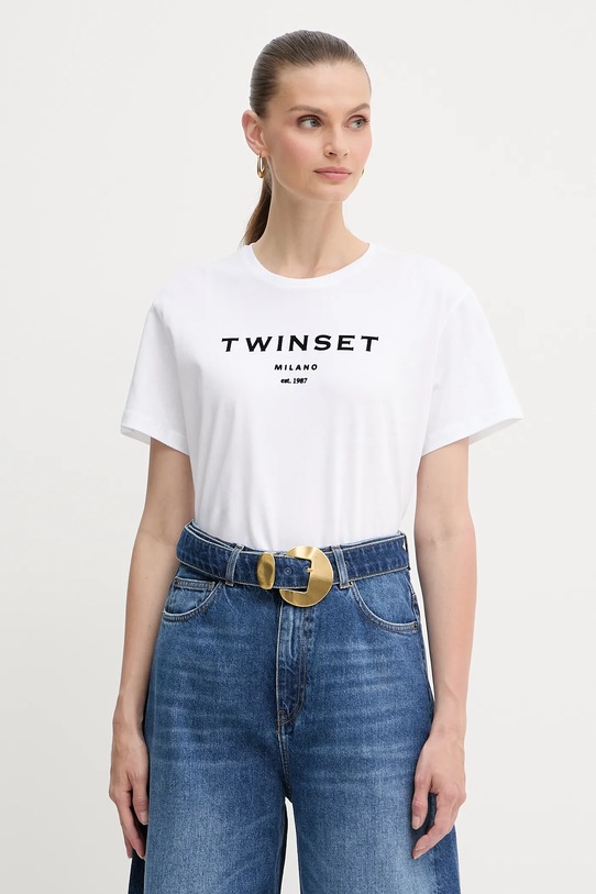 Twinset t-shirt bawełniany nadruk biały 252TP2050