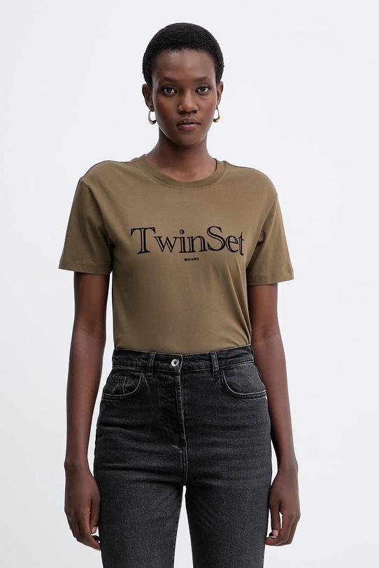 Twinset t-shirt bawełniany nadruk zielony 252TT2320