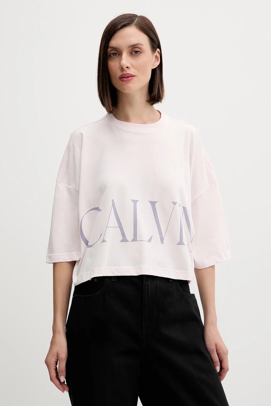 Βαμβακερό μπλουζάκι Calvin Klein Jeans στάμπα ροζ LV047D206G