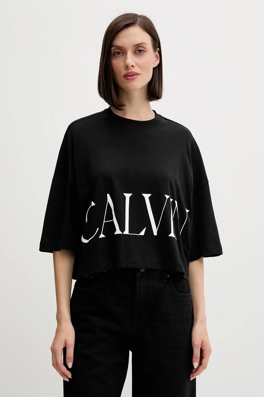Bombažna kratka majica Calvin Klein Jeans Okrogel črna LV047D206G