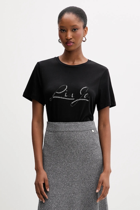 Bavlněné tričko Liu Jo kulatý černá MF5410.JS923