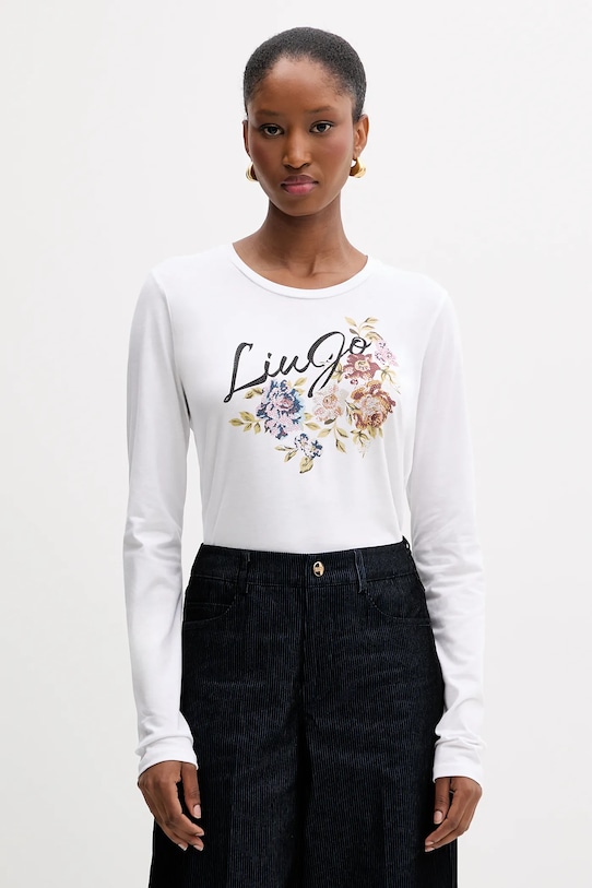 Βαμβακερή μπλούζα με μακριά μανίκια Liu Jo βαμβάκι λευκό MF5464.JS923