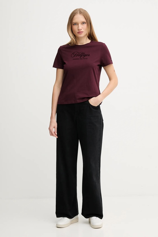 Βαμβακερό μπλουζάκι Tommy Hilfiger WW0WW46120 μπορντό AW25