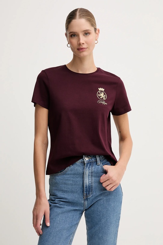 Bavlněné tričko Tommy Hilfiger nášivka burgundské WW0WW46153