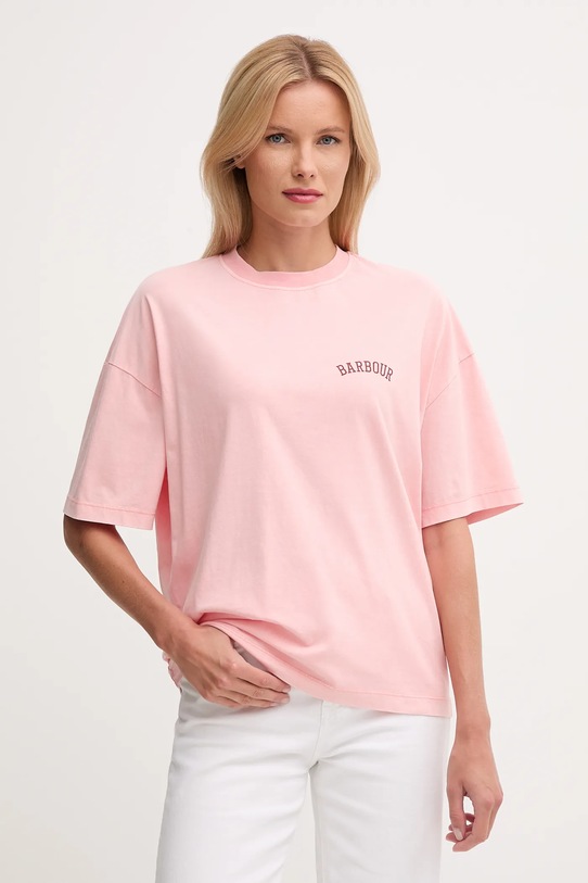 Barbour t-shirt bawełniany CLAYDON nadruk różowy LTS0687