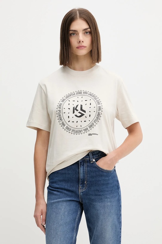 Karl Lagerfeld Jeans t-shirt bawełniany nadruk beżowy A4W17008