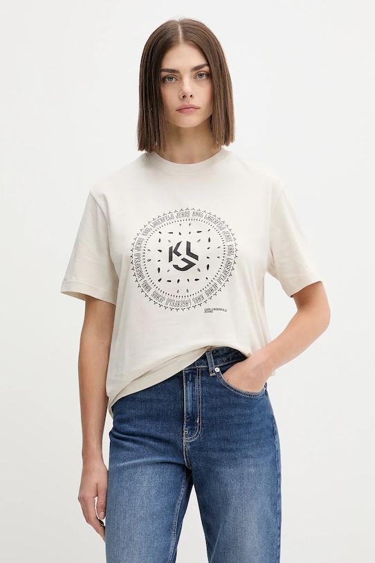 Karl Lagerfeld Jeans t-shirt bawełniany nadruk beżowy A4W17008