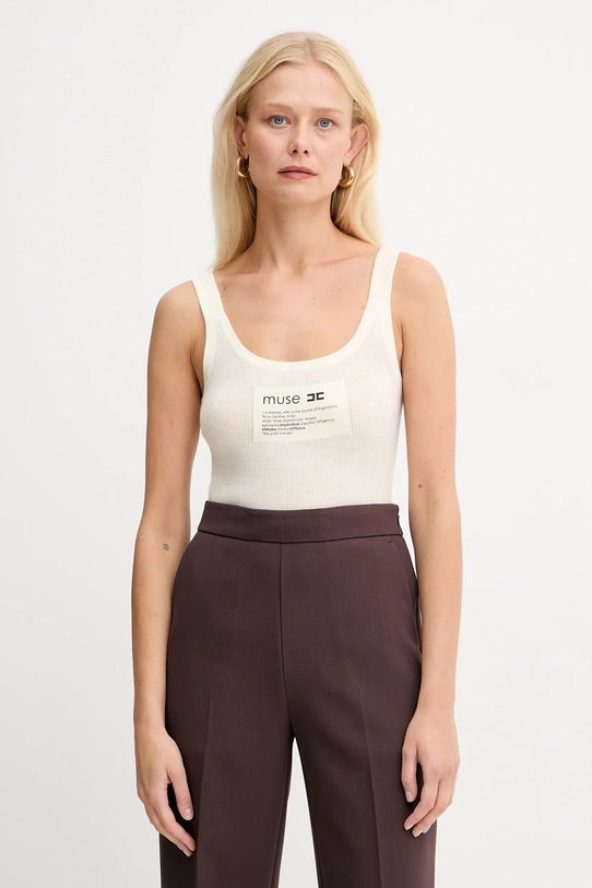 Elisabetta Franchi top z dodatkiem wełny z elastanem beżowy TK63B57E2