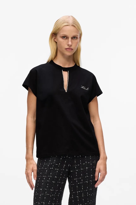Βαμβακερό μπλουζάκι Karl Lagerfeld απλικέ μαύρο A4W17046