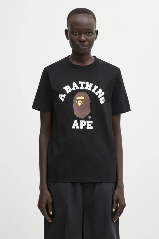 Βαμβακερό μπλουζάκι A Bathing Ape College κανονικό μαύρο 001TEL302001L
