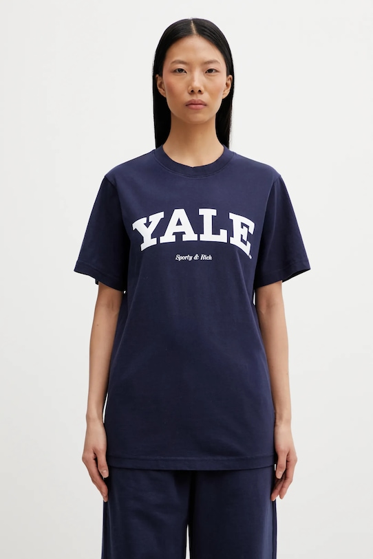 Sporty & Rich t-shirt bawełniany Yale Classic nadruk granatowy TO043611678BL106