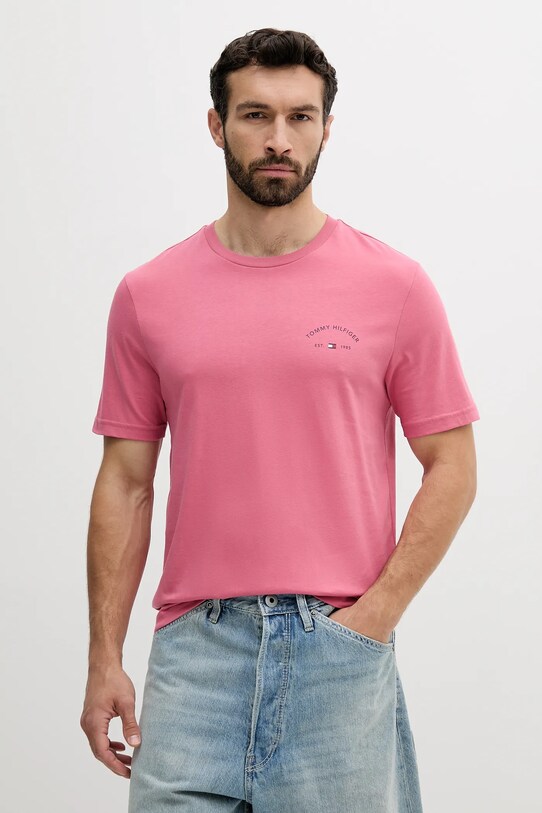 Bavlněné tričko Tommy Hilfiger kulatý růžová MW0MW39352