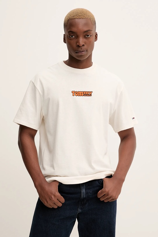 Bavlněné tričko Tommy Jeans kulatý béžová DM0DM22051