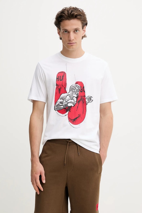 HUGO t-shirt bawełniany nadruk beżowy 50542560