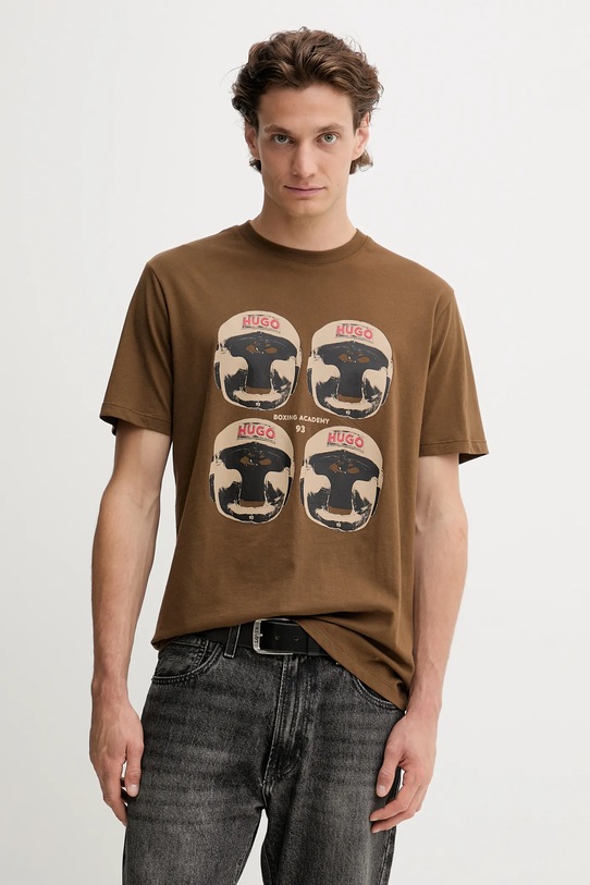 HUGO t-shirt bawełniany nadruk brązowy 50542560