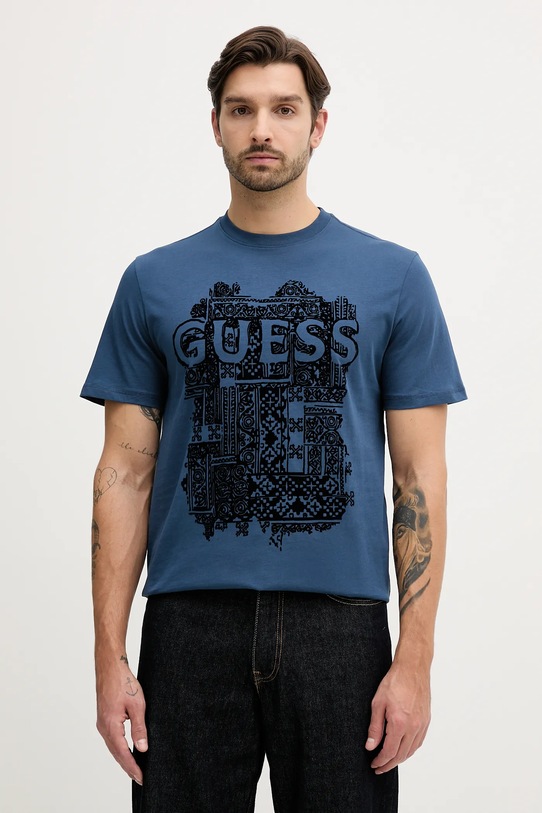 Guess t-shirt bawełniany wzorzyste niebieski M5YI13.I3Z14
