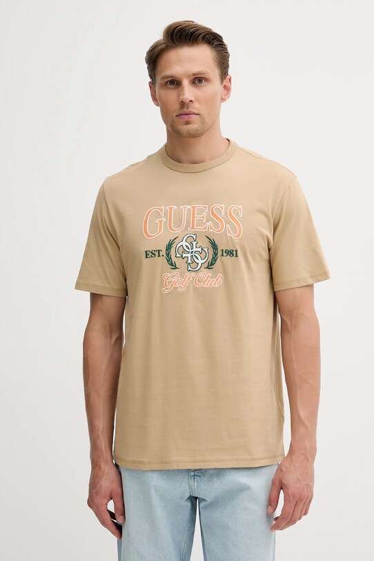 Памучна тениска Guess 4G щампа бежов M5YI22.K8FQ4