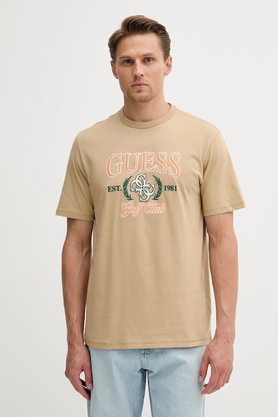 Памучна тениска Guess 4G щампа бежов M5YI22.K8FQ4