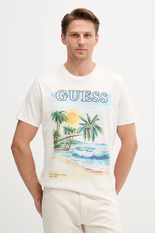 Памучна тениска Guess надпис бежов M5YI38.KBW41