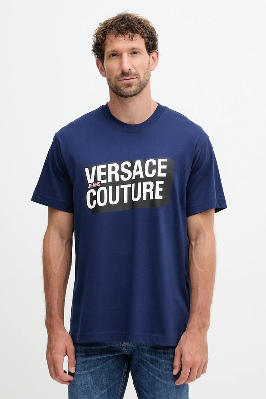 Pamučna majica Versace Jeans Couture pamuk mornarsko plava 79GAHP02.CJ01P