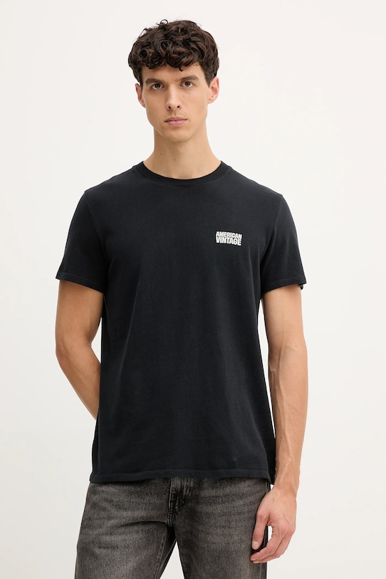 American Vintage tricou din bumbac uni negru MYKO02C