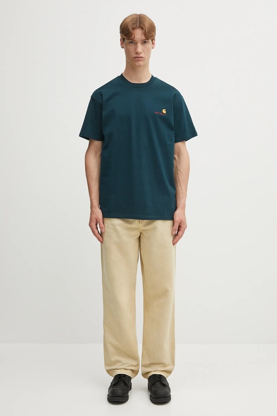 Памучна тениска Carhartt WIP S/S American Script I029956.0AUXX тюркоазен