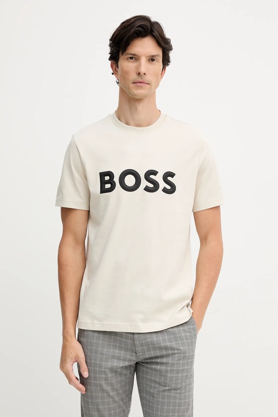 BOSS Green t-shirt bawełniany nadruk beżowy 50548411